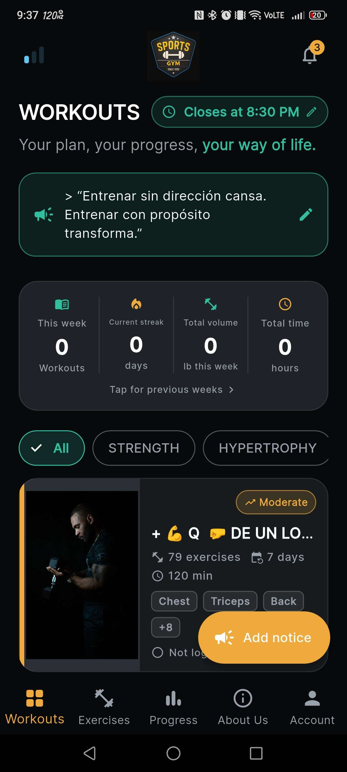 Sports Gym App — Planes de entrenamiento y avisos del gimnasio